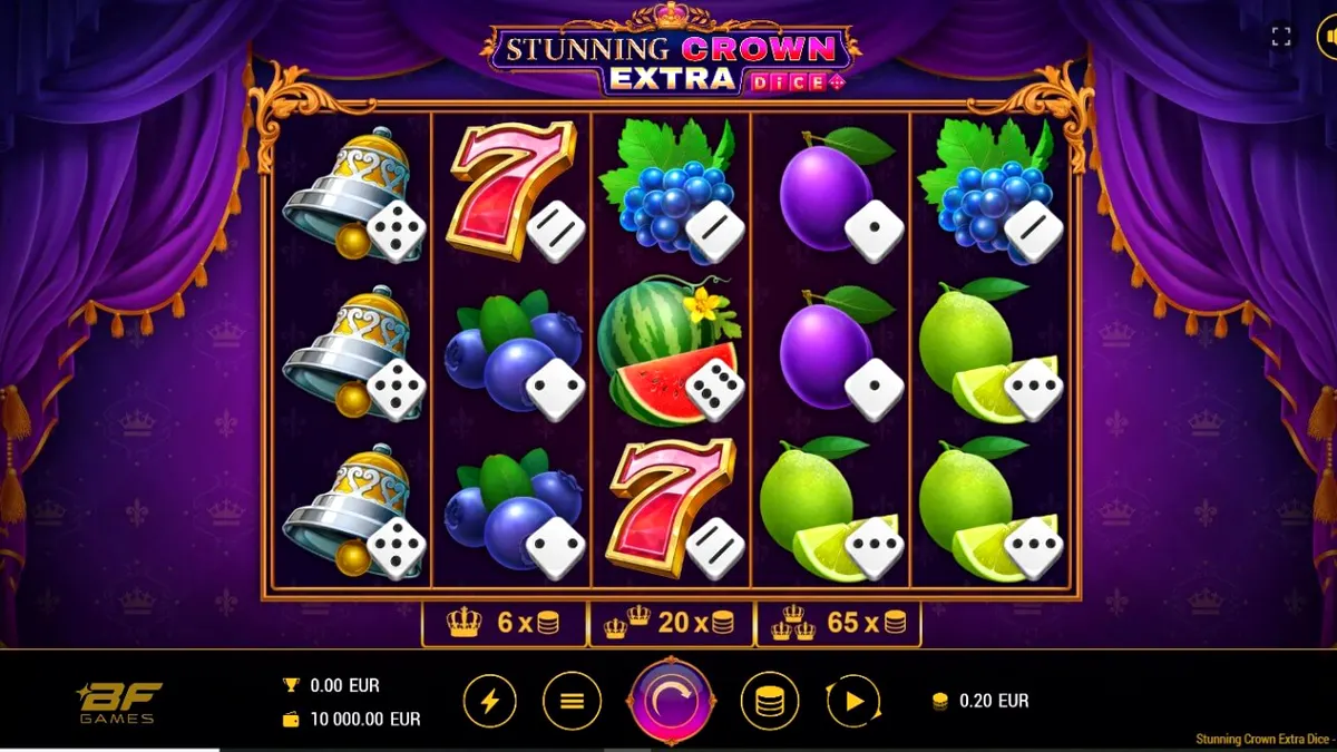 Interface do slot Stunning Crown Extra Dice com símbolos de coroa e joias