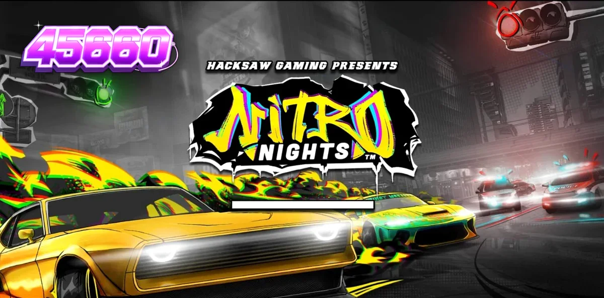 Interface de jogo do slot Nitro Nights com tema de corrida de rua neon